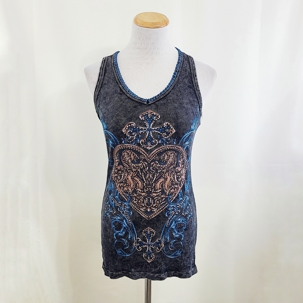 Vocal distressed black rhinestone tank top Cross Heart size medium